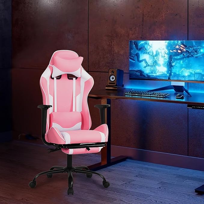 Gaming Chair Computer Office Chair Ergonomic Desk Chair Height Adjustable Recliner Swivel High Back with Lumbar Support Footrest Headrest Racing Style Desk ChairPink