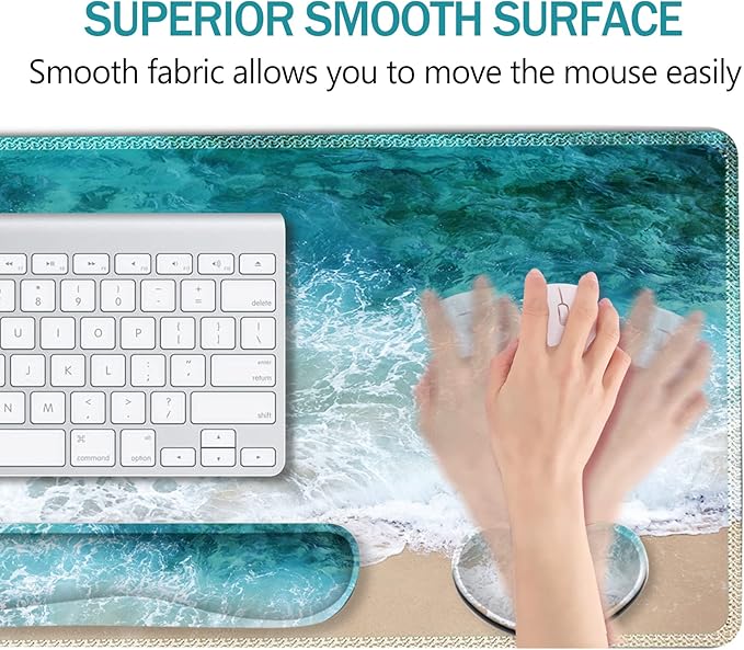ARTSO Extended Gaming Mouse Pad Set Keyboard Wrist Rest Support Pad + Wrist Cushion + XXL Large Mouse Pad + Coaster Stitched Edge Non-Slip Memory Foam Desk Mat Beach Waves