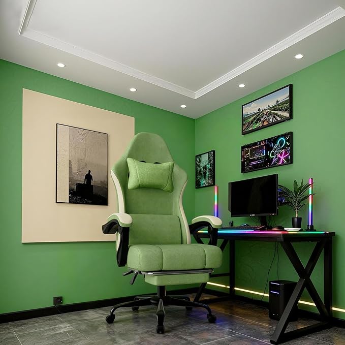 Gaming Chair High Back Fabric Computer Chair with Pocketed Spring Cushion and Footrest Height Adjustable Game Chair with Headrest and Lumbar Support (Beige &amp Green)