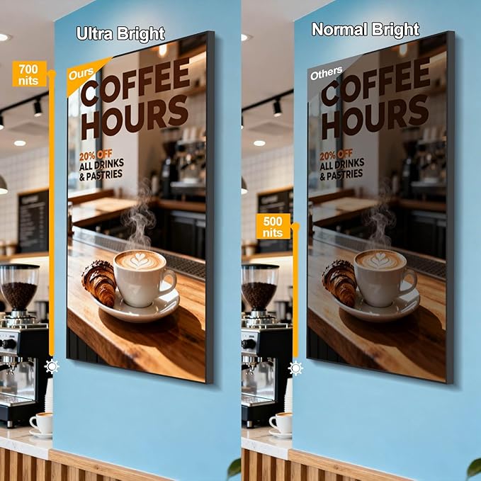 43 Inch 4K Wall Mount Digital Signage 700nits High Brightness Slim Frameless Advertising Display Commerical Display LCD Monitor with CMS/U-Disk Plug&ampPlay Split Screen 7/24 Timer switchHDMI/US