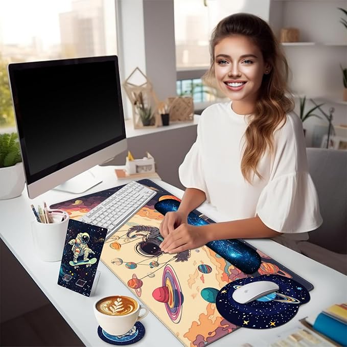 AQQA 5-in-1 Large Gaming Mouse Pad Mousepad with Wrist Support Set- Ergonomic Gaming Desktop Mouse Pad Wrist Rest - Cup Coaster Keyboard Mouse Mat Desk Pad with Stitched EdgesUniverse