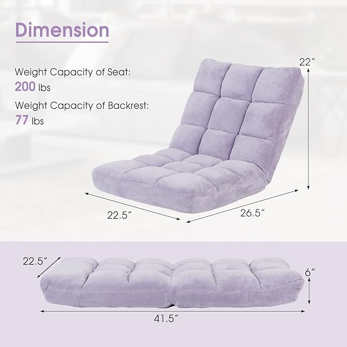 ARLIME Adjustable Floor Chair 14-Position Lazy Sofa Chair with Back Support &amp Thick Padding Portable Foldable Floor Couch for Adults Kids Use in Bedroom Living Room Home Theater (Light Purpl