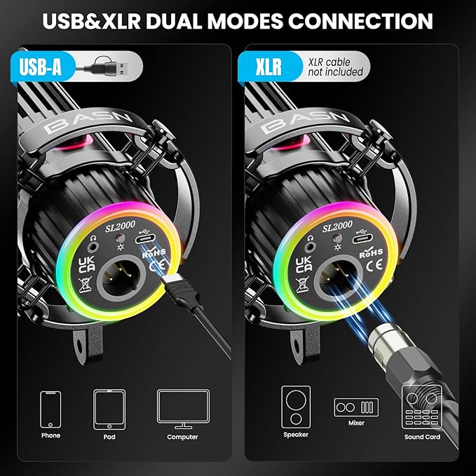 BASN USB/XLR SL2000 Dynamic Microphone and Bsinger 2nd Generation Dual Dynamic Drivers in Ear Monitor Headphones Set for Podcast Live Streaming Gaming Recording