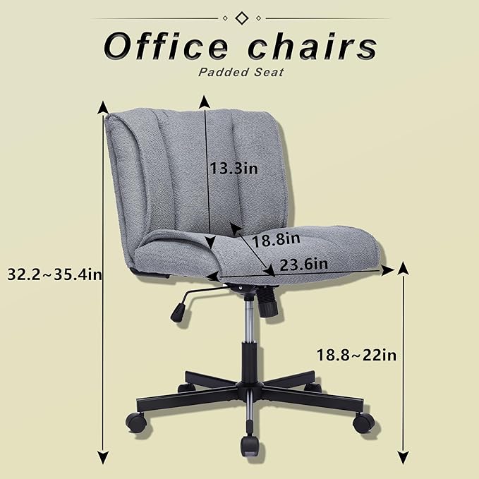DHAEY Armless Office Chair Cross Legged Office Desk Chair No Wheels Fabric Padded Modern Swivel Height Adjustable Mid Back Wide Seat Computer Task Vanity Chair for Home Office Easy Assembly Gray