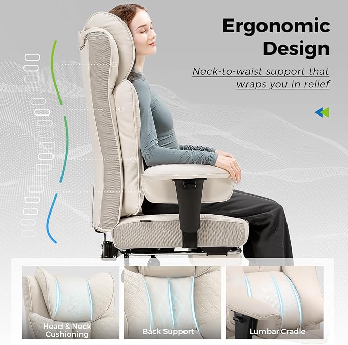 GTPLAYER Big and Tall Office Chair 400LBS Wide Ergonomic Gaming Chair with Deluxe Embossing Designed Leather with Foot Rest150°Reclining Adjustable Soft Armrests Pocket Spring Back Support and Pillow
