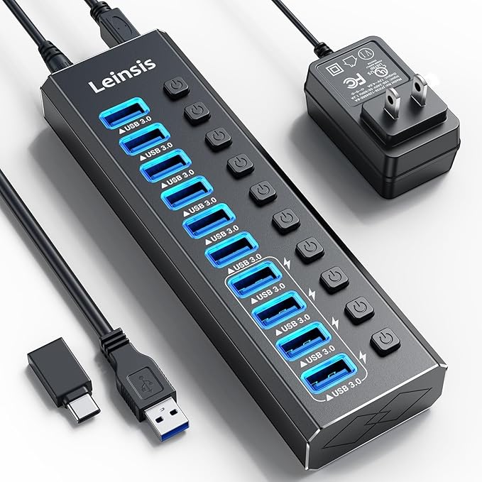 Powered USB Hub 3.0 Leinsis 10-Port USB 3.0 Hub [Durable Aluminum] 10 Data Transfer Ports+ 4 Smart Charging Ports with Individual On/Off Switches USB Hub 3.0 Powered with Power Adapter for Laptop PC