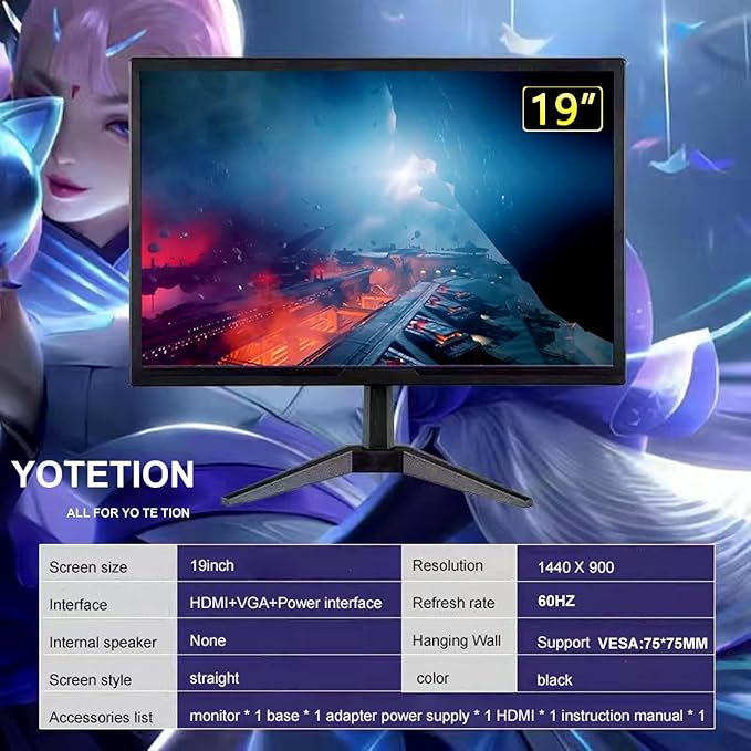 19 inch HD (1440 x 900) Monitor 60Hz Refresh Rate HDMI x1 Small Thin Monitor for laptops Computers and desktopsLED Display VGA/HDMI Connection. VESA:75 * 75MM