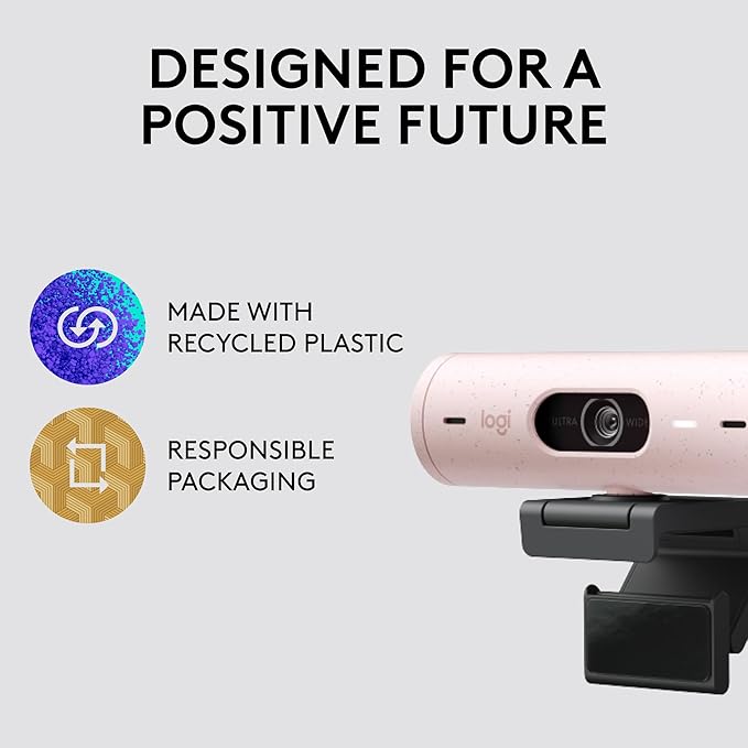 Logitech Brio 500 Full HD 1080p Webcam with Auto Light Correction Dual Noise Reduction Mics Privacy Cover Works with Teams Meet Zoom - Rose