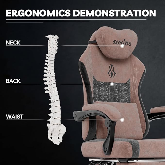 SUKIDA Ergonomic Gaming Chair — Premium Computer Video Gaming Chair with Massage Lumbar Support Adjustable Headrest &amp Footrest Plush Chenille Fabric for Office and Home UseBrown