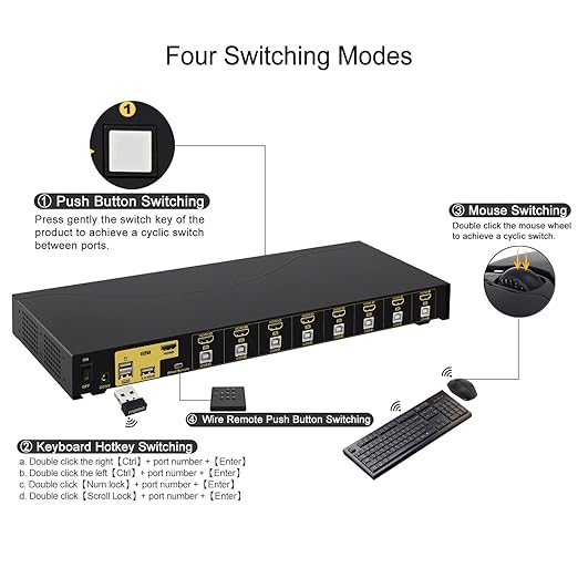 CKLau 4Kx2K 8 Port HDMI KVM Switch with Cables and USB 2.0 Hub Rack Mount KVM Switch Supports Keyboard Mouse Switching for Windows Linux Mac Debian Ubuntu Fedora Raspberry Pi and Ubuntu