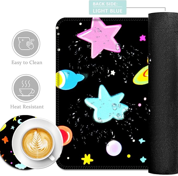 Keyboard Mouse Pad Set Extended Gaming Mouse Pad+Ergonomics Keyboard Wrist Rest Support Memory Foam Easy Typing Pain Relief 4Pcs XL Ultra Thick Desk MatSpace Stars Moons Clouds
