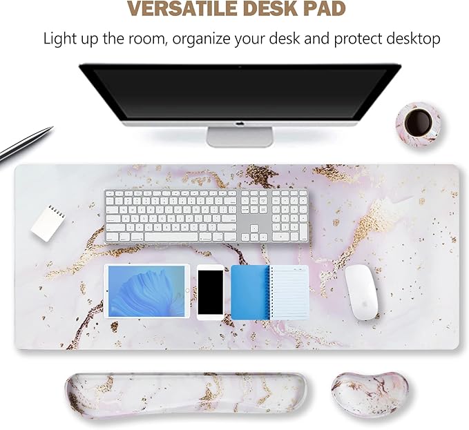 ARTSO Large Gaming Mouse Pad Keyboard Wrist Rest Pad &amp Wrist Support Mousepad Set Stitched Edge Extended Non-Slip Base Memory FoamMultifunctional Desk Mat 4pcs for Office &amp Home Pink Ma