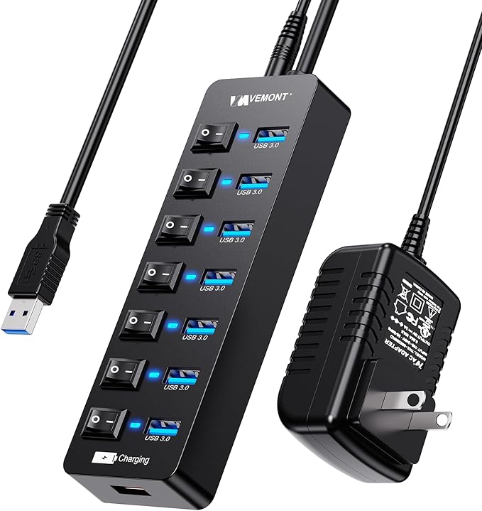 Powered USB Hub 3.0VEMONT 7 Ports Multi USB hubs and 1 USB Smart Charging Port with 5V/3A Power SupplyUSB Extension Splitter with Individual On/Off Switches and 4ft/1.2m Long Cable for PC/Laptop