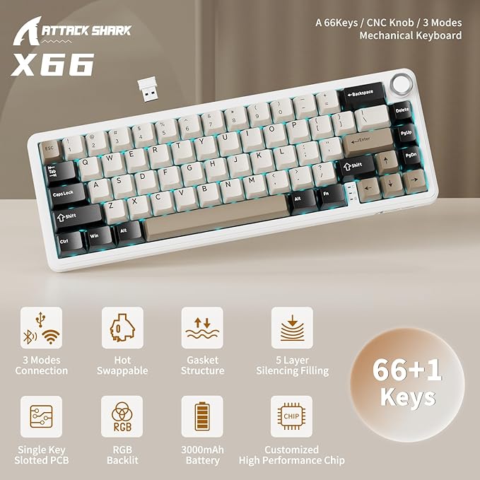 ATTACK SHARK X66 Wireless Mechanical Gaming Keyboard with KnobTri Mode USB-C/BT5.0/2.4G Gasket Mounted 60% RGB Gaming Keyboard 66KeysPBT Keycap Hot Swappable Custom Strawberry Switch(Cheese White)