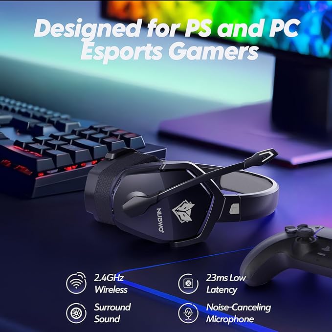 NUBWO Wireless Gaming Headset with Mic for Ps5 Ps4 PC Zero Interference 100-Hour Battery All-Day Play 23ms Sync for Fortnite &amp Call of Duty/FPS Gamers Triple Mode All Devices Compatible - Gra