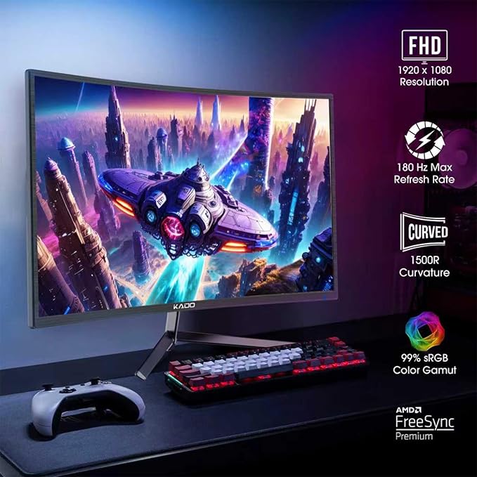 Kado Dual Gaming Monitor Setup - 2-Pack 24 180Hz 1ms Curved 1500R 1920x1080 AMD FreeSync Premium Panoramic Gaming Multi-View Split Screen Streaming VESA Mount HDMI DisplayPort Built-in Speakers