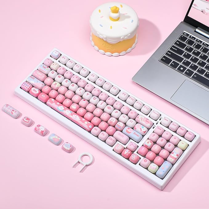 YUNZII Cute Pink Ice Cream Custom Keycaps 138 Keys Dye Sub PBT MOG Profile Keycap Set for Mechanical Gaming Keyboards (Pink Ice Cream)