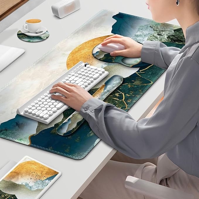 Gaming Mouse Pad Large Desk Mat Cute Desk Pad Protector 4in1 XXL Mousepad +Keyboard Wrist Rest+Mouse Wrist Rest+Coaster Set with Ergonomic Desk Pad for Home Office Table Computer Green Mountain