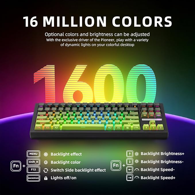 ZORNHER ZH870 Wireless Mechanical Gaming Keyboard80% Green Custom Creamy Sound Keyboard with Shine Through PBT KeycapsPre-lubed Linear SwitchesHot-SwappableRGB Backlit2.4GHz/USB-C/BT5.0