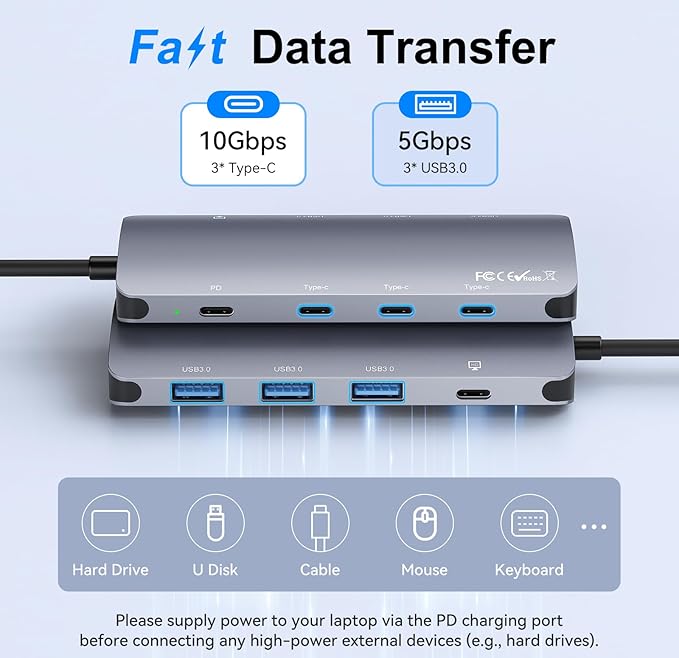 USB C Hub 10Gbps USB C Splitter with 4K@60Hz Video Output 100W PD Charging Data Transfer USB4 Multiport Dongle Adapter Extender for MacBook Pro/Air iPad Pro Dell HP and More Type C Devices