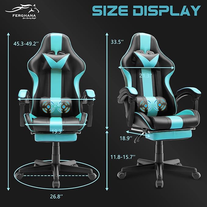 Ferghana Gaming Chairs Ergonomic Racing Style PC Game Computer Chair with Headrest Lumbar Support Adjustable Recliner PU Leather Video Computer Chair(Lake Blue)