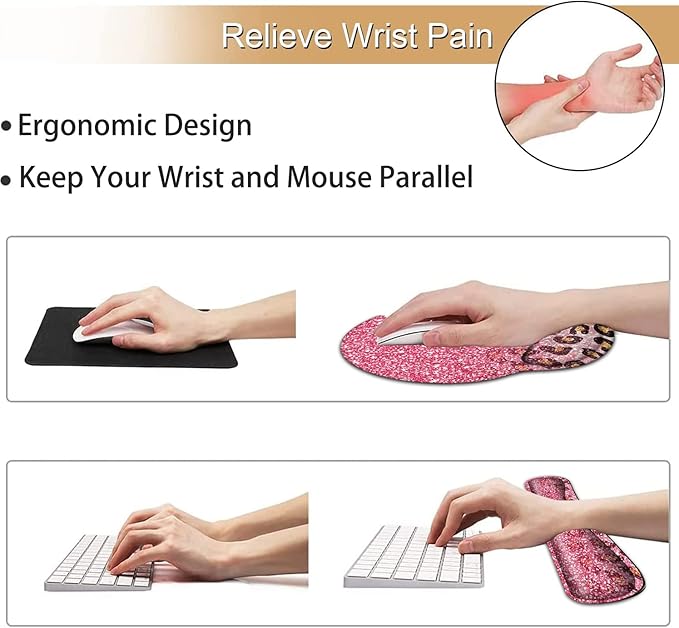 Ergonomic Mouse Pad Gel Wrist Support and Memory Foam Keyboard Wrist Rest Set for Gaming Computer Office Laptop Easy Typing Wireless Mouse Mat Pink Glitter Leopard Pattern Office Desk Pad
