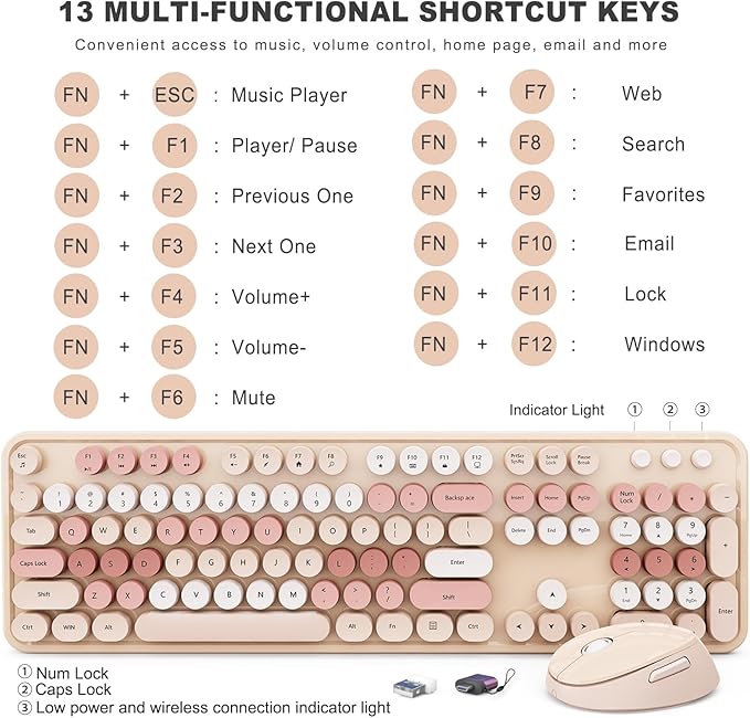 Wireless Keyboard and Mouse Combo Ergonomic Full Size Typewriter Retro Round Keycaps Keyboard Compatible with Windows PC Perfer for Home and Office Keyboards (Chocolate Color)