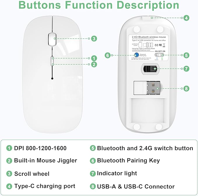 Wireless Mouse for Laptop/MacBook Air/Pro &amp iPad Mouse Jiggler Mode Bluetooth 5.2/2.4G Rechargeable Silent Click 3-Level DPI Slim Portable USB-A&ampC Receiver (Mouse Jiggler Mode White)