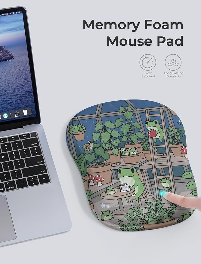 Kawaii Frog Ergonomic Mouse Pad for Carpal Tunnel Pain Relief 65% Usable Mouse Area in Compact Size Memory Foam Concave Wrist Rest for Office PC Gaming