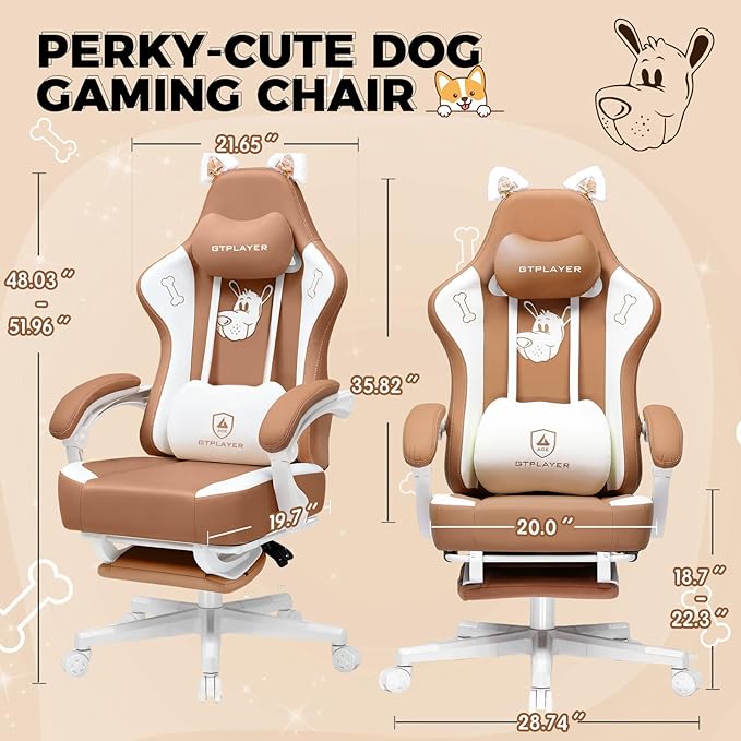 GTPLAYER Gaming Chair Cute with Cat Ears Ergonomic Computer Chair with Dog Embroidery Adjustable Memory Foam Lumbar Support and Headrest Comfortable Reclining Office Chair for Girls Teens Women