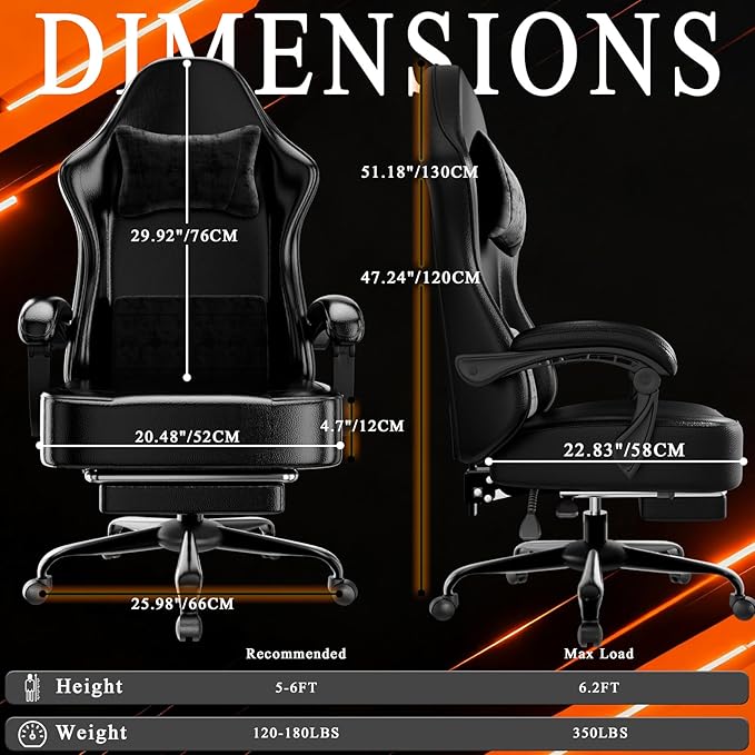 Ergonomic Gaming Chair with Footrest PU Leather Video Game Chairs for Adults Comfortable Computer Chair for Heavy People Reclining Gamer Chair Office Chair with Lumbar Support Dark Black