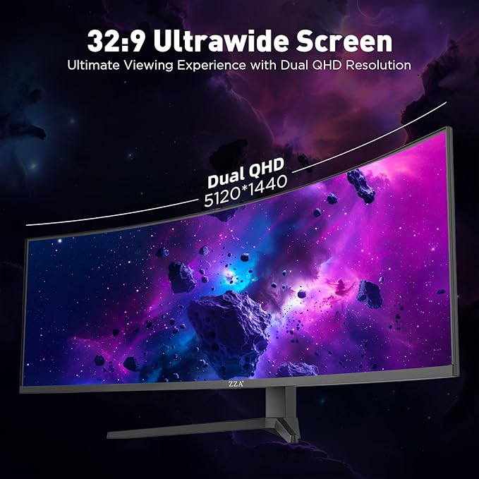 ZZA 49 Inch Ultrawide Curved Gaming Monitor 120Hz DQHD 5120x1440P 1500R Ultra-Wide 32:9 Screen 1ms MPRT HDR FreeSync G-Sync Compatible VESA Compatible Height/Tilt Adjustable