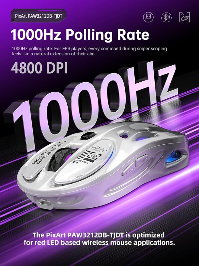 Wireless Gaming Mouse Tri-Mode 2.4G/USB-C/Bluetooth Mouse 800-4800 DPI Ergonomic Optical Mouse Gamer RGB &amp 6 Programmable Buttons 65g Rechargeable for PC/Mac/Laptop