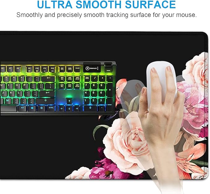 Black Mouse PadKeyboard Mouse Pad SetExtended Gaming Mouse Pad + Memory Foam Keyboard Wrist Rest SupportPeony Flower Office Desk Mat Writing Pad Easy Typing Pain ReliefXXL Large Mousepad Desk Mat