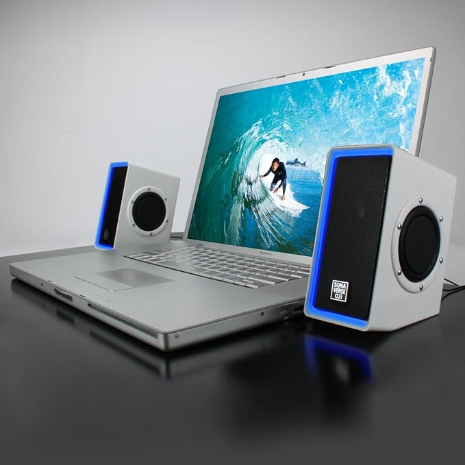 GOgroove Gaming Computer Speakers with Blue LED Light - SonaVERSE O2i Speakers for Desktop Laptop PC - USB Speaker 2.0 with AUX Input in-Line Volume Control Bass Stereo Sound 14W (White)