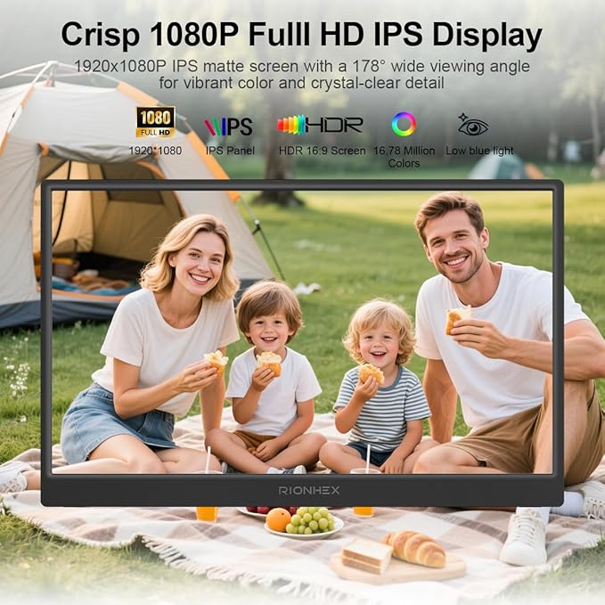 Portable Monitor 15.6 inch 1080P USB-C HDMI Travel Monitor Built-in Stand VESA External Screen for Laptop PC Mac PS Xbox Swich IPS HDR Ultra-Thin