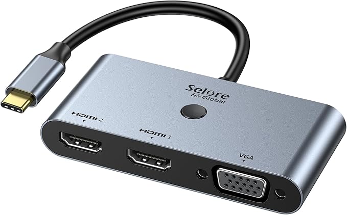 Selore USB C Docking Station 3 Monitors USB C to Dual HDMI VGA Adapter with One-Touch Multi-Screen Switch and Screen On/Off Button HDMI Splitter Converter for Dell HP LenovoMacBook Pro/Air etc