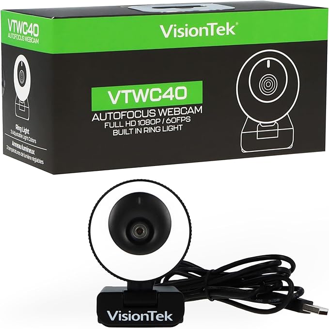 VisionTek VTWC40 Premium Autofocus Full HD 1080P 60FPS Webcam Chromebook Computer Video Camera Digital Dual Microphones Privacy Cover 96-Degree Viewing Angle Work Study &amp Stream (901442)