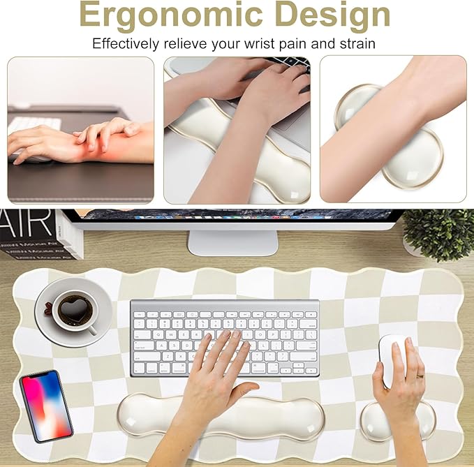 L-SPOUTTO Beige Checkered Mouse Pad SetScalloped XXL Desk Mat + Ergonomic Mouse Wrist Rest + Gel Keyboard Wrist Rest for Keyboard 65%/75%3in1 Large Desk Pad for Desktop Home Office Computer Game