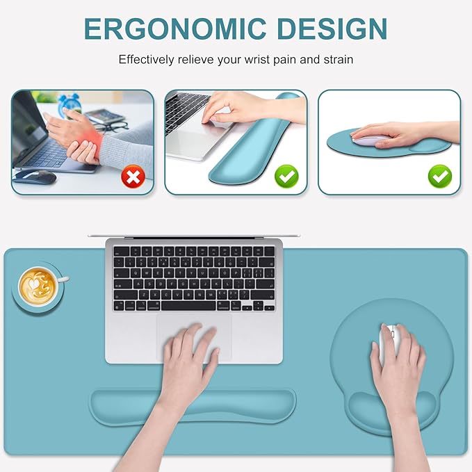 4 PCS Mouse Pad Desk Mat Protector Keyboard Wrist Rest + Comfortable Mouse Pad with Wrist Rest +Coaster Large Gaming Mousepad for Computer Laptop 35.4 X 15.7 XXL Deskpad for Office Home I Blue