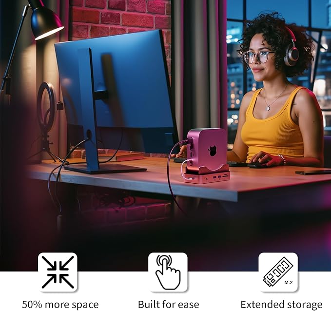 PHIXERO Mac mini M4 Dock and Stand with Up to 8TB M.2 NVMe SSD Enclosure 6-in-1 Aluminum Hub 10Gbps USB-A&ampC SD/TF Reader Stand Docking Station for Mac mini M4/M4 Pro