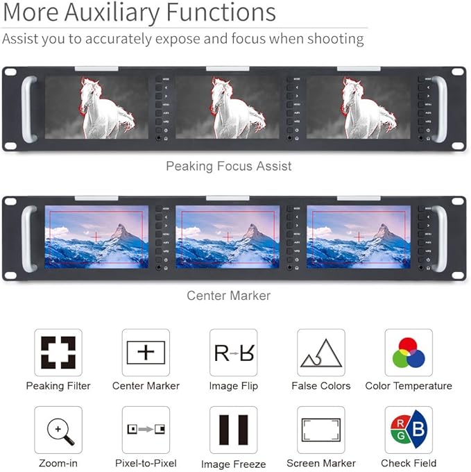 FEELWORLD T51 Plus 2RU Triple 5.5 Inch SDI Rack Mount Broadcast Monitor LCD 1920x1080 3G SDI HDMI AV Input and Output