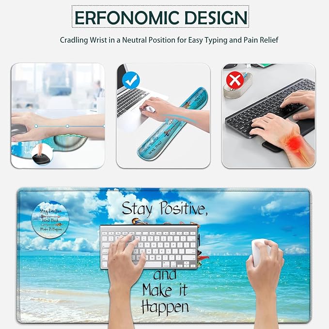 Large Mouse Pad Ergonomic Mouse Pad with Wrist Rest and Keyboard Wrist Rest 4 in 1 Set 31.5 x11.8 inch Extended Desk Pad for Home Office Stay Positive Work Hard and Blue Sky Ocean Gaming Mouse Mat