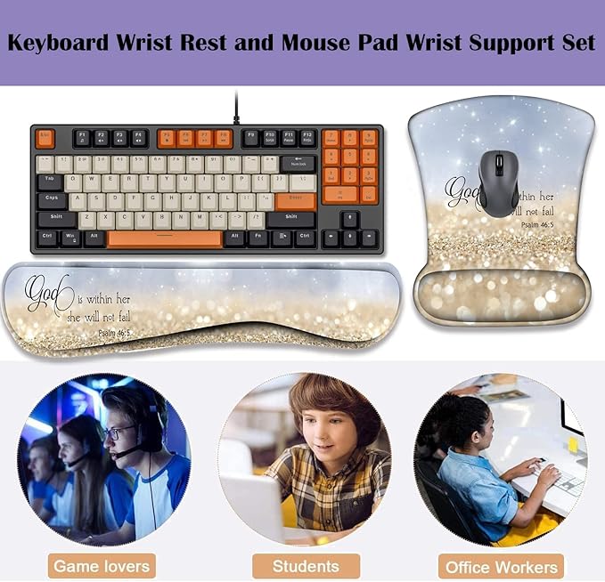 Keyboard Wrist Rest Pad and Ergonomic Mouse Pad Wrist Rest (with Coaster) Set Non-Slip Base &amp with Memory Foam for Easy Typing and Wrist Pain Relief - Bible Verses Psalm 46-5