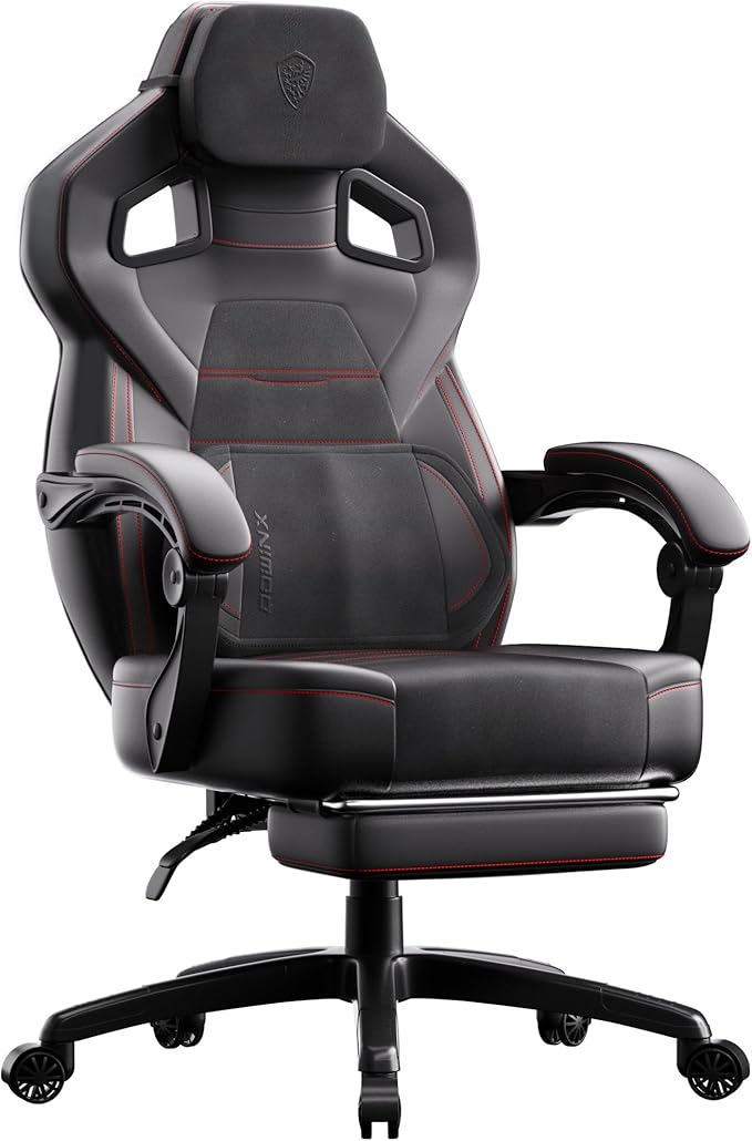 Dowinx PU Leather Gaming Chair with Footrest Big and Tall Ergonomic Computer Chair with Lumbar Support Wide Back Gamer Chair for Heavy People Black