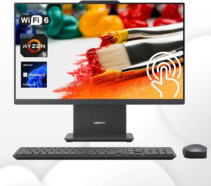 Lenovo 2024 IdeaCentre 27 Business All-in-One FHD 100Hz Touchscreen AMD Ryzen 5 7535HS 16GB DDR5 RAM 1TB SSD Wireless KB &amp Mouse Wireless Charging Base RJ-45 Wi-Fi 6 Webcam W11P Grey