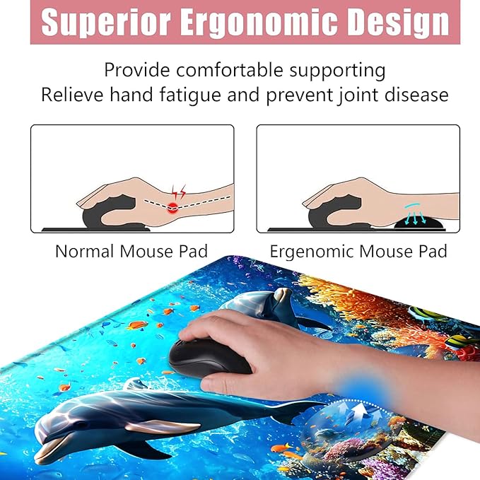 Large Keyboard Mouse Pad Set Extended Mouse Pad+Keyboard Wrist Rest Support Memory Foam Ergonomic Easy Typing 4Pcs (31.5×11.8 in) Desk Pad Set for Office HomeUnderwater Dolphin Scene