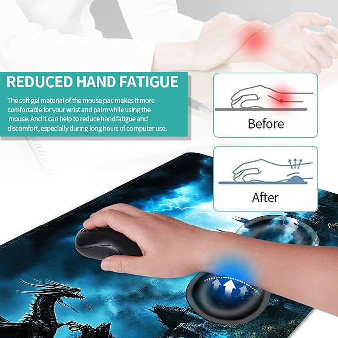 Keyboard Mouse Pad Set Extended Gaming Mouse Pad+Ergonomics Keyboard Wrist Rest Support Memory Foam Easy Typing Pain Relief 4Pcs XL Ultra Thick Desk MatDragon and Castle Stormy Sky