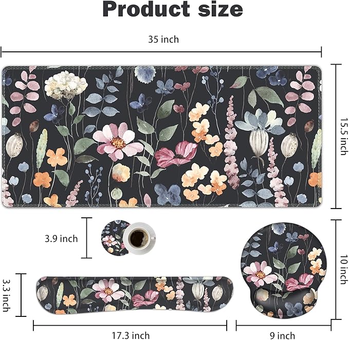 ARTSO Desk Mat Large Gaming Mouse Pad Wrist Support Set Ergonomic Keyboard Wrist Rest Desk Pad with Coaster Combo Extended Mousepad with Non-Slip for Home Office Flowers Plants