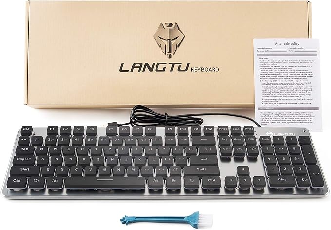 LANGTU Membrane Gaming Keyboard Colorful LED Backlit Quiet Keyboard for Study All-Metal Panel USB Wired 25 Keys Anti-ghosting Computer Keyboard 104 Keys - L1 Black/Silver…